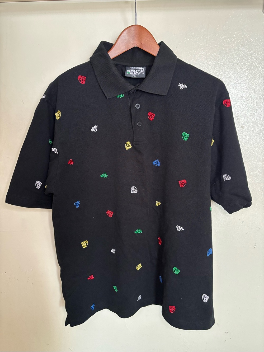 Vintage Y2K Southpole All Over Print Embroidered Polo Shirt Blk Mens Size L 90s